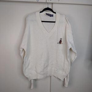 Vtg Scottish Isle By Bernette Golf Grandpa Sweater Men Sz L White Prep USA FLAWS